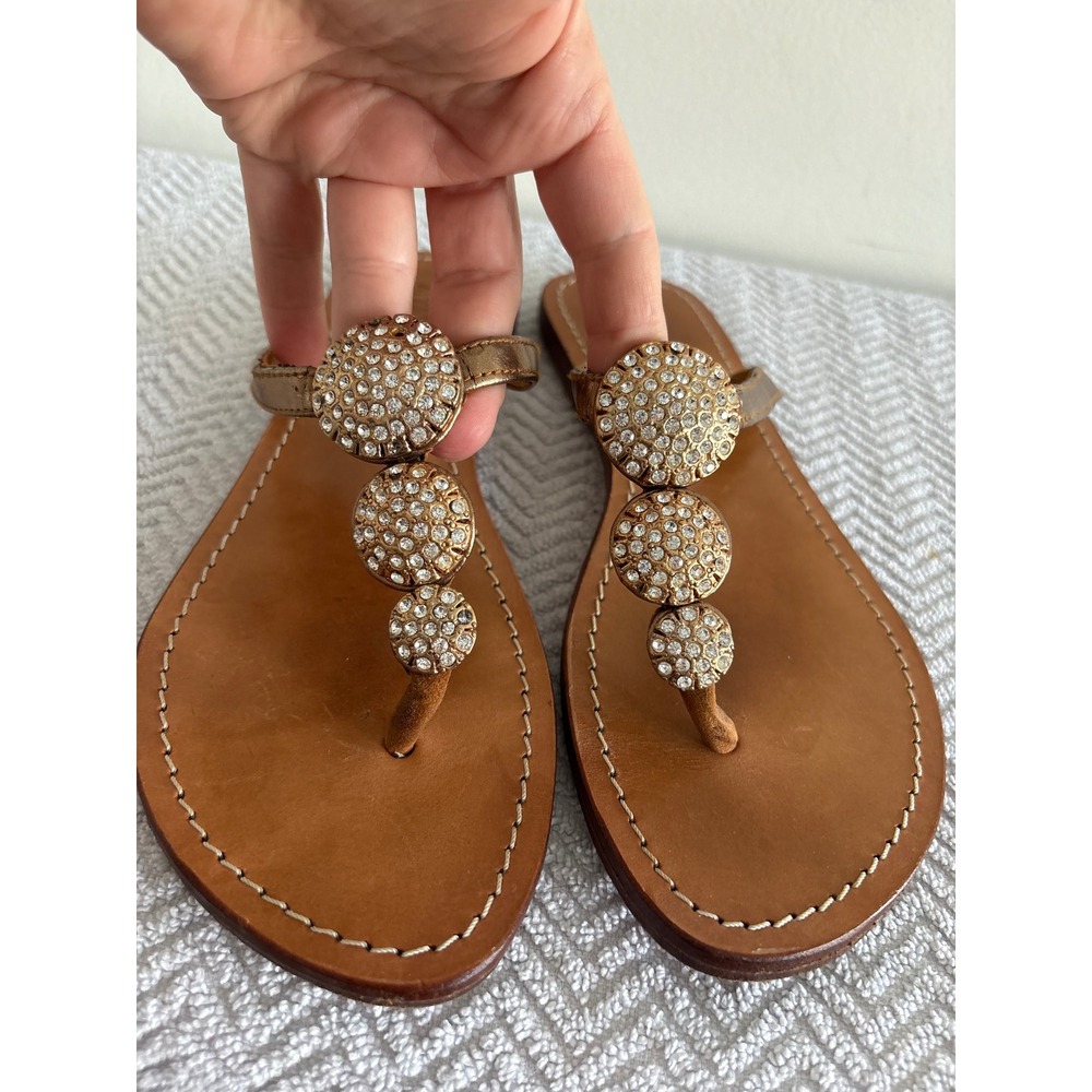 Mystique Womens Leather Crystal Disc Thong Sandals Tan Gold Flat Size 9